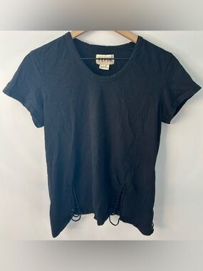 Pepin Women’s Black Distressed Braided Short Sleeve T-Shirt, Size Large